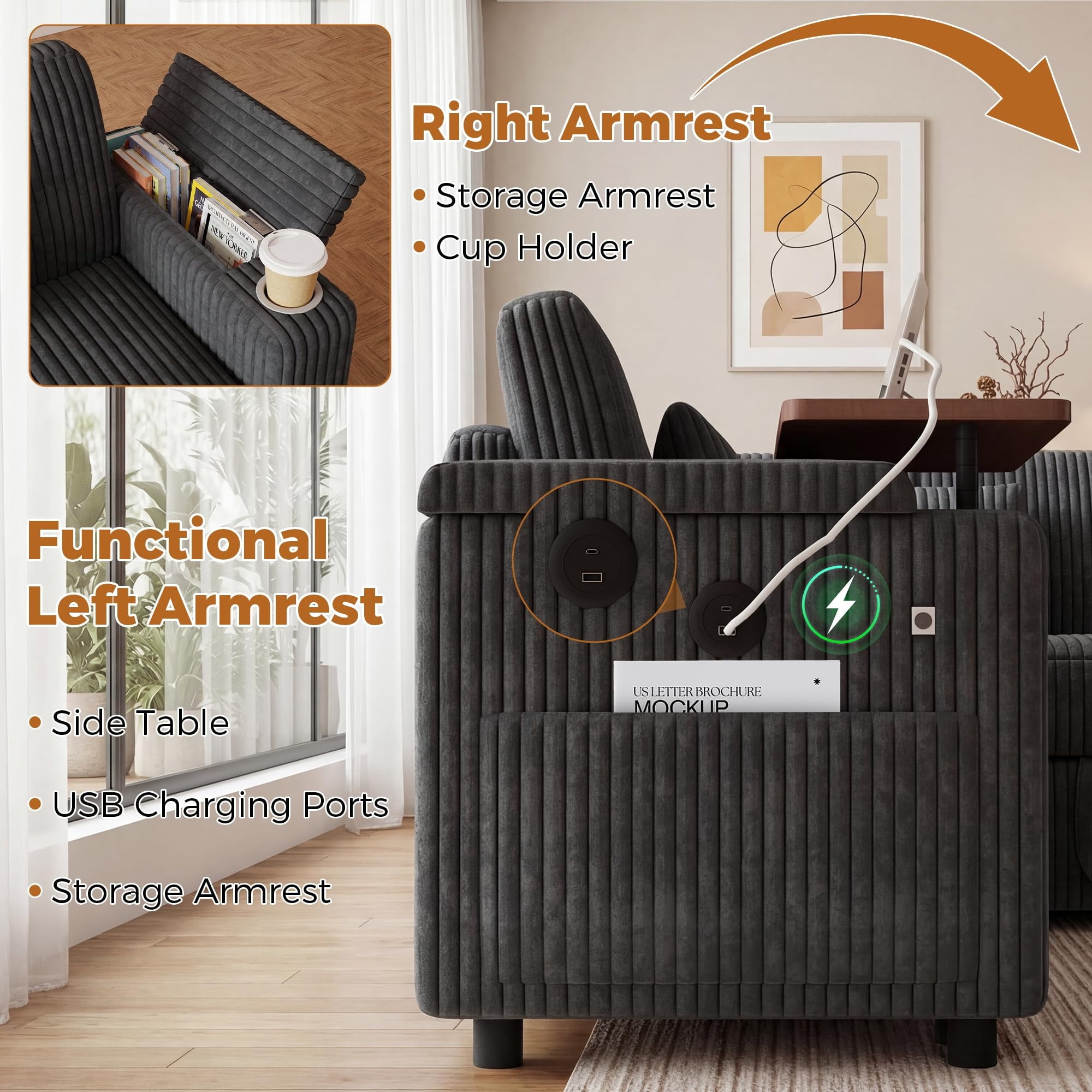 Aukfa 100" U Shape Convertible Sectional Sleeper Sofa Bed with USB/Type-C Port/Side Table/Storage Chaise/Cup Holder, 7 Seat Modular Sofa, Corduroy, Dark Gray