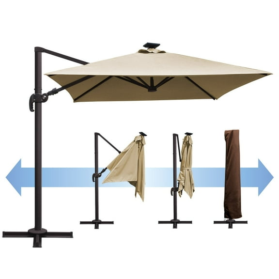 SUNNYOUTDOOR 8'x8' Deluxe Cantilever Umbrella LED Lighted Umbrella Sunbrella Cover Patio Umbrella Garden Outdoor (Heather Beige)