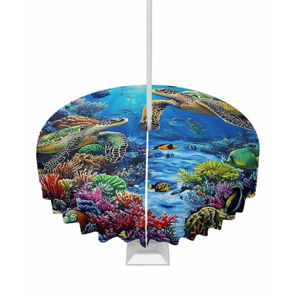 Fsddascl Blue Sea Turtle Ocean Outdoor Tablecloth - 54 Inch Round Dining Table Cover, Colorful Coral Sea Underwater Waterproof Outdoor Table Cloth with Umbrella Hole & Zipper for Picnic/Patio/Party
