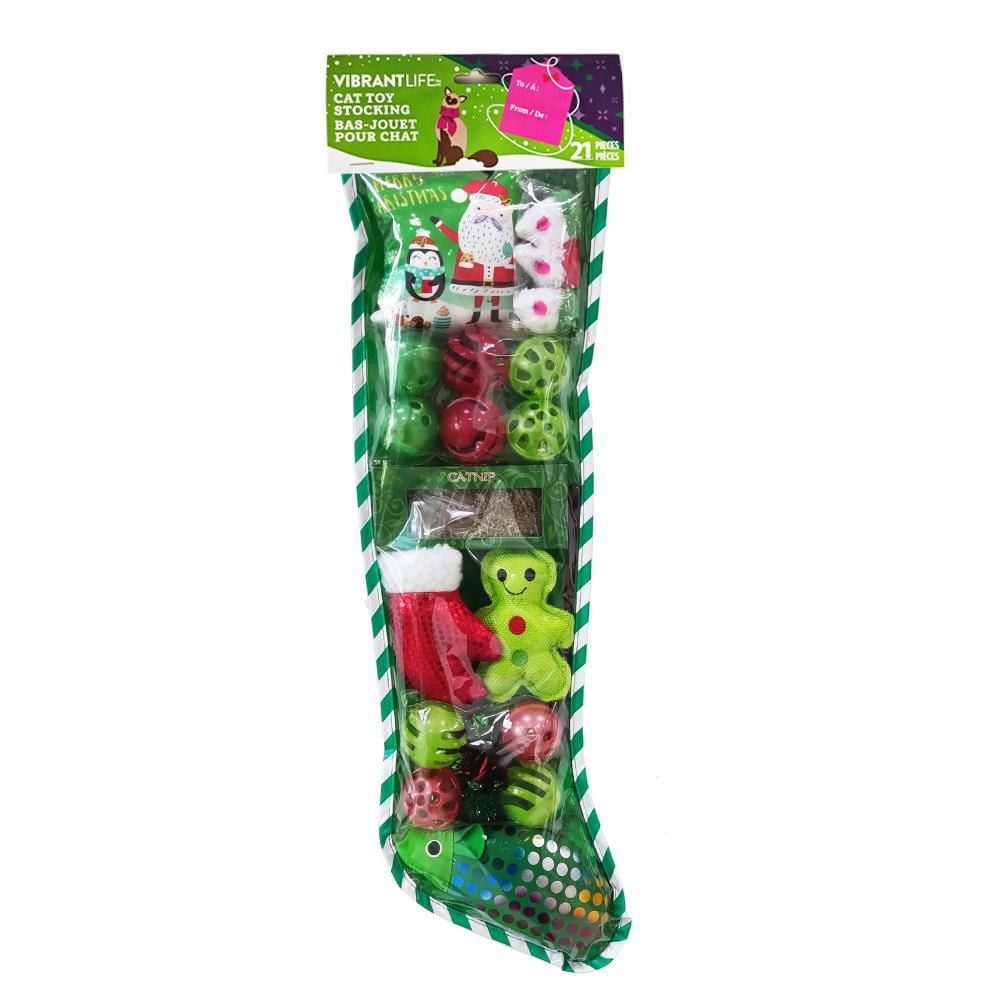 Vibrant Life 21 Piece Cat Toy Stocking, Green, 21 Pieces Catnip Toys