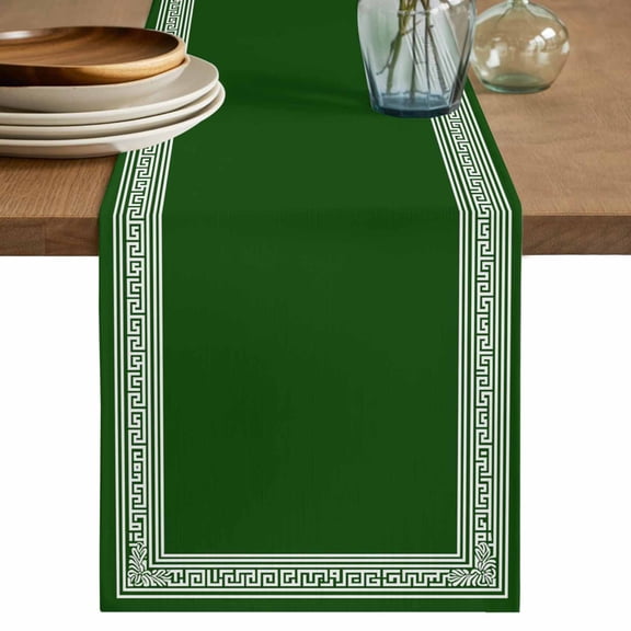 Dark Green Abstract Art Table Runner, Greek Key Geometric Country Farm Cotton Linen Kitchen Table Decoration Washable Dining Tabletop Runners for Home Party Decor 13x48 Inches