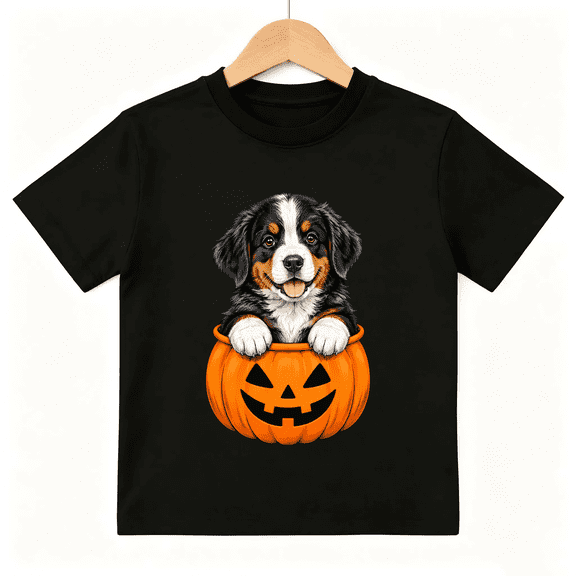 Cute Bernese Mountain Dog Puppy in Jack-O'-Lantern Short Sleeve Crewneck Cotton Kids T-Shirt