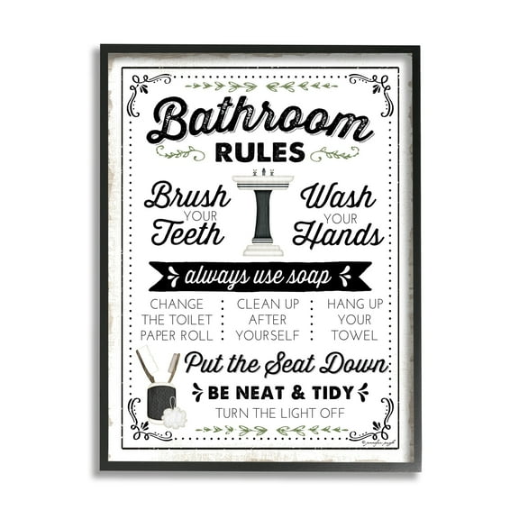 Stupell Industries Bathroom Rules Vintage List Typography Painting Black Framed Art Print Wall Art