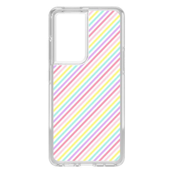 DistinctInk Clear Shockproof Hybrid Case for Galaxy S21 ULTRA 5G (6.8" Screen) - TPU Bumper, Acrylic Back, Tempered Glass Screen Protector - Rainbow Diagonal Stripes Pattern