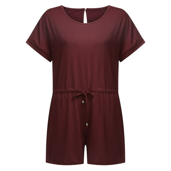 Women's Summer Short Romper Short Sleeve Solid Casual Loose Lightweight Drawstring Pockets Shorts Rompers Jumpsuits