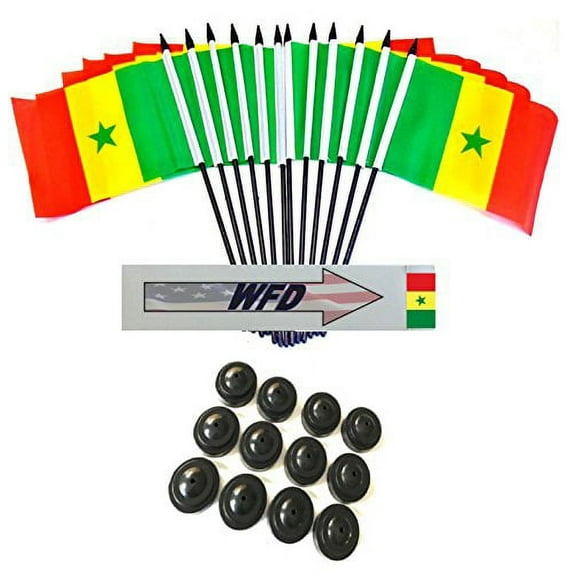 Pack of 12 4"x6" Senegal Polyester Miniature Office Desk & Little Table Flags, 1 Dozen 4"x 6" Senegalese Small Mini Handheld Waving Stick Flags with 12 Flag Bases (Flags with Stands)