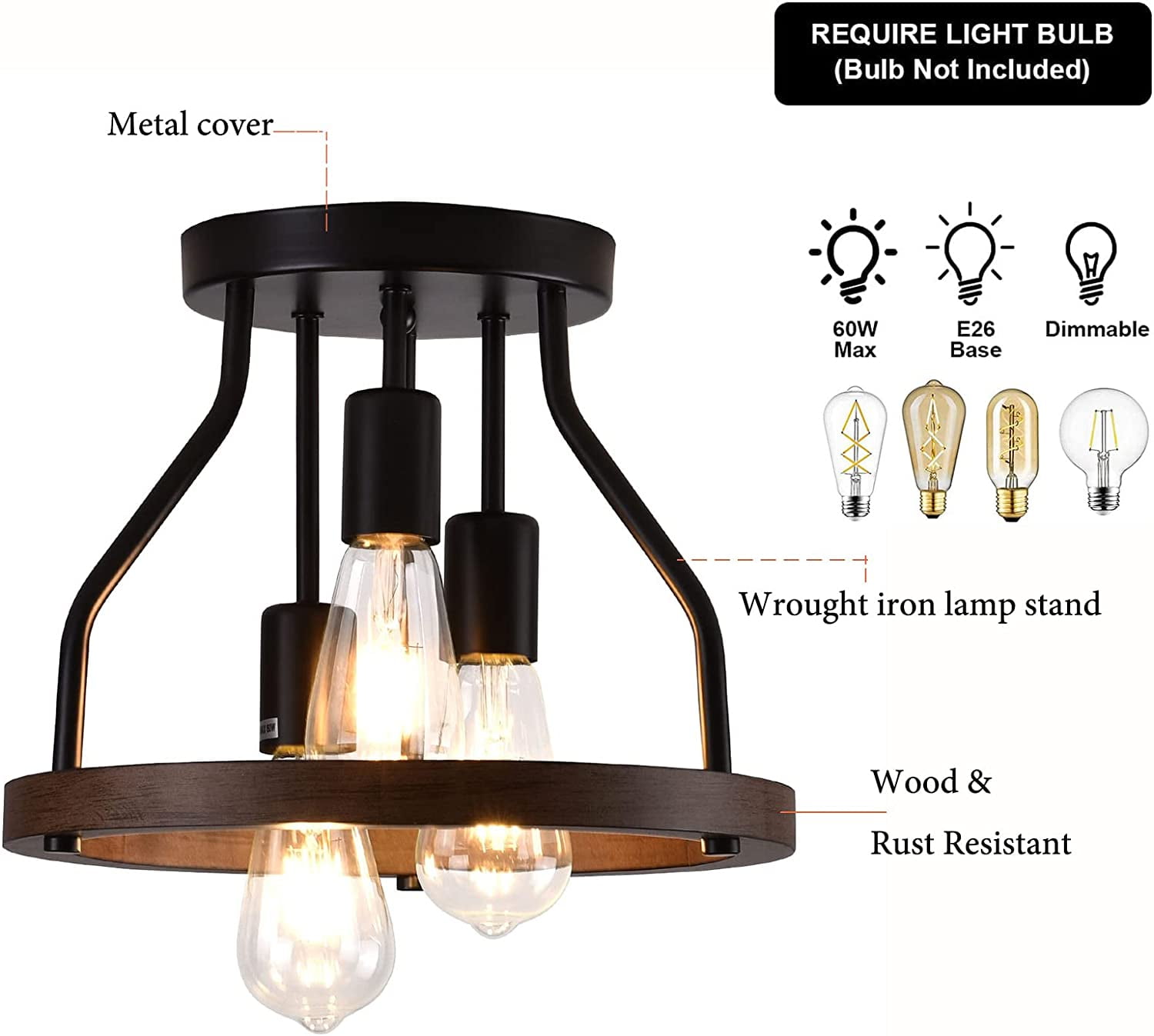 FETCOI 3-Light Flush Mount Ceiling Light, Wood Frame + Black Metal Shade Rustic Farmhouse Ceiling Lamp Fixture for Kitchen Dining Room Hallway Bedroom Study Living Room