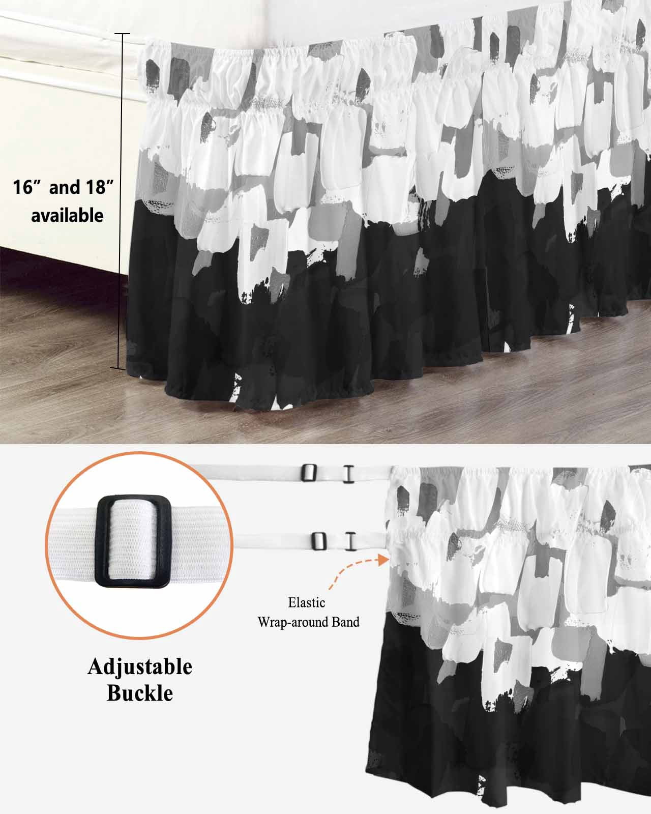 Graffiti Black White Texture Bed Skirt Dappled Paint Art Decoration Bed Skirts King Size 18 Inch Drop, Wrap Around Dust Ruffle&nbsp;Bedskirt with Adjustable Elastic Belt for Queen Size Beds