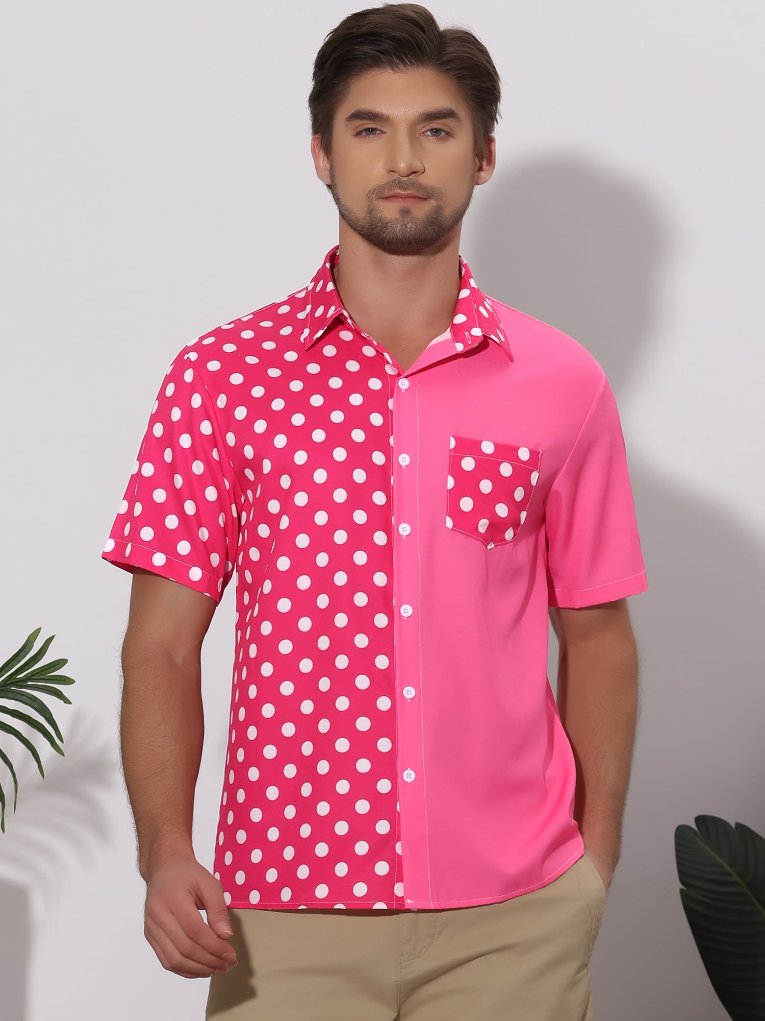 Unique Bargains Men's Summer Polka Dots Short Sleeves Button Down Patchwork Shirt S Pink