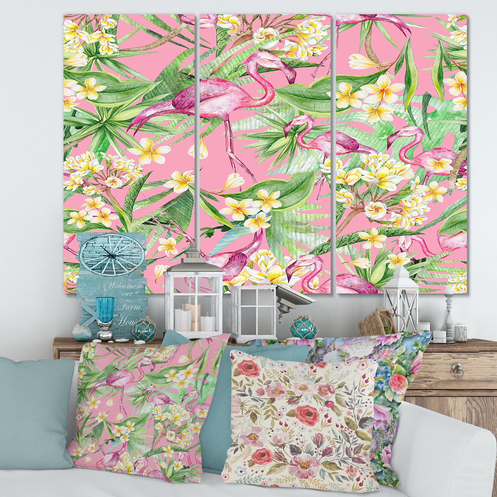 Designart ' Yellow Flowers, Tropical Foliage With Flamingo III ' Modern Canvas Wall Art Print
