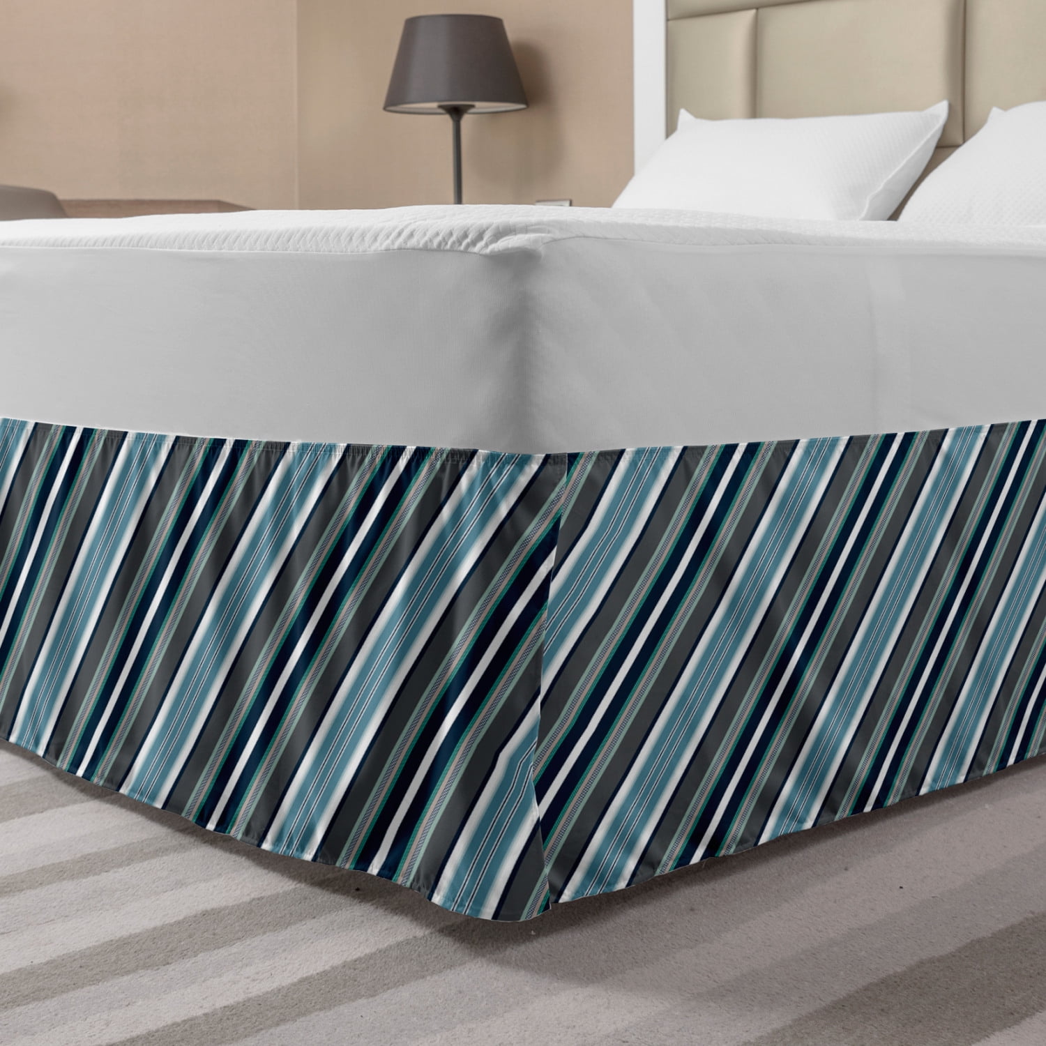 Striped Bed Skirt, Navy Retro Style Diagonal Stripes Pattern Modern