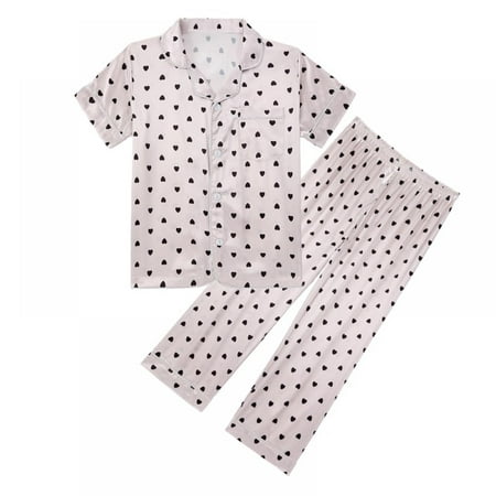 

Little Girl Imitate Silk Pajamas Set Short Sleeve Tops+Pants Sleepwear Suit 5-14Y