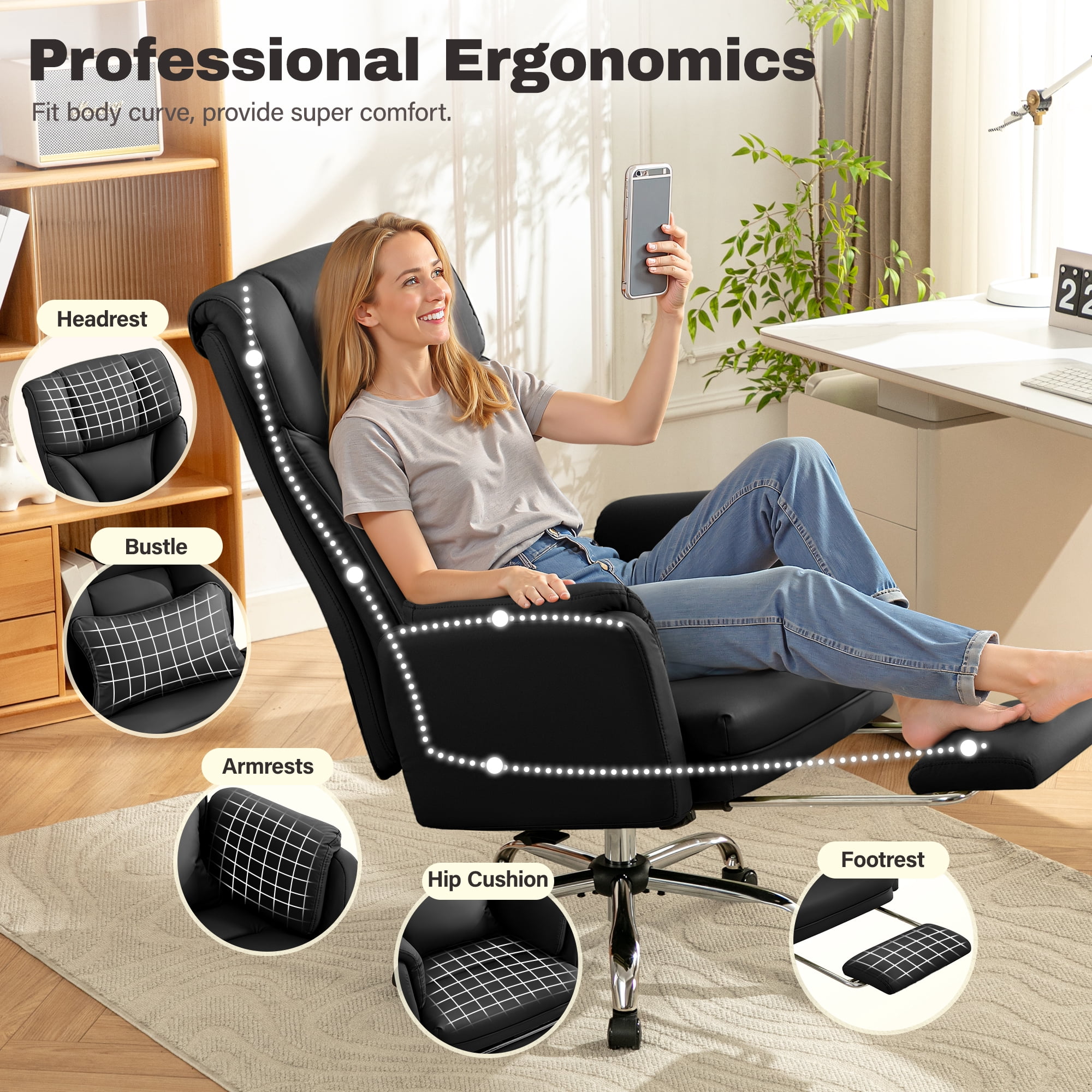 COOLHUT Big and Tall Office Chair, High Back Executive PU Leather Desk Chair with Footrest, Ergonomic Home Office Chair Computer Chair with Lumbar Support & Padded Armrest, Black
