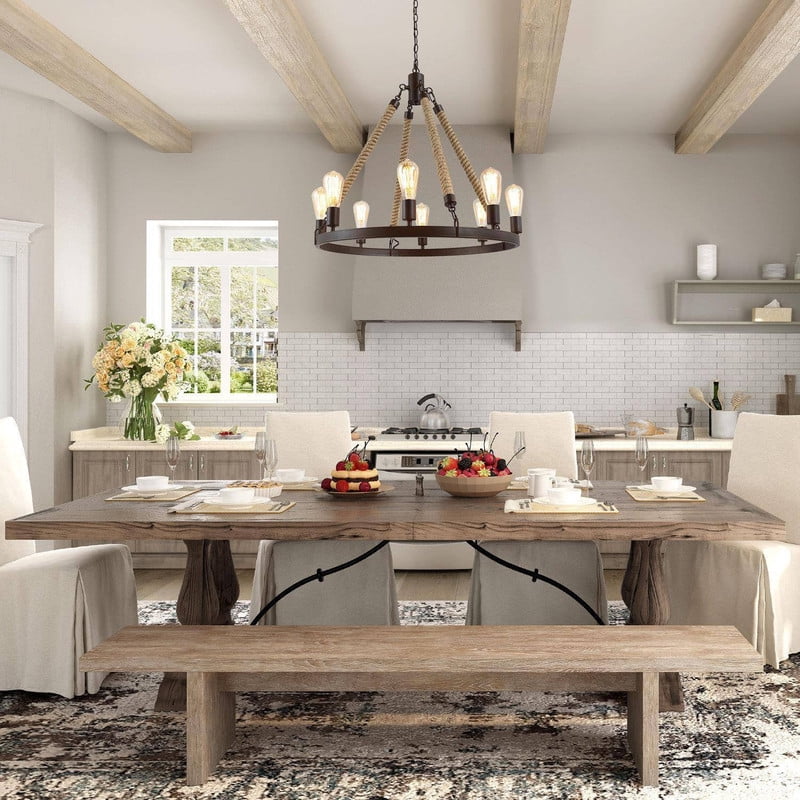 LNC 8-Light Farmhouse Round Chandelier with Rope and Dark Coffee Metal Frame