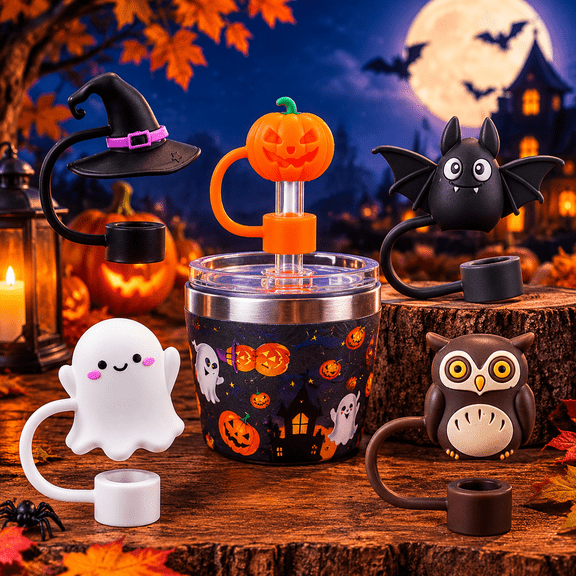 5PCS Halloween Straw Cover Cap Silicone Straw Topper 0.4in Dust-Proof Reusable Straw Tips Lids for Halloween Gifts
