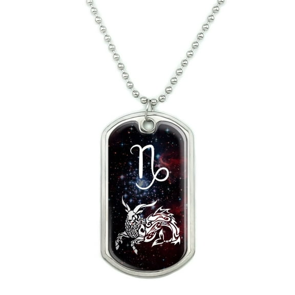 Capricorn Fish Goat Zodiac Sign Horoscope in Space Military Dog Tag Pendant Necklace with Chain