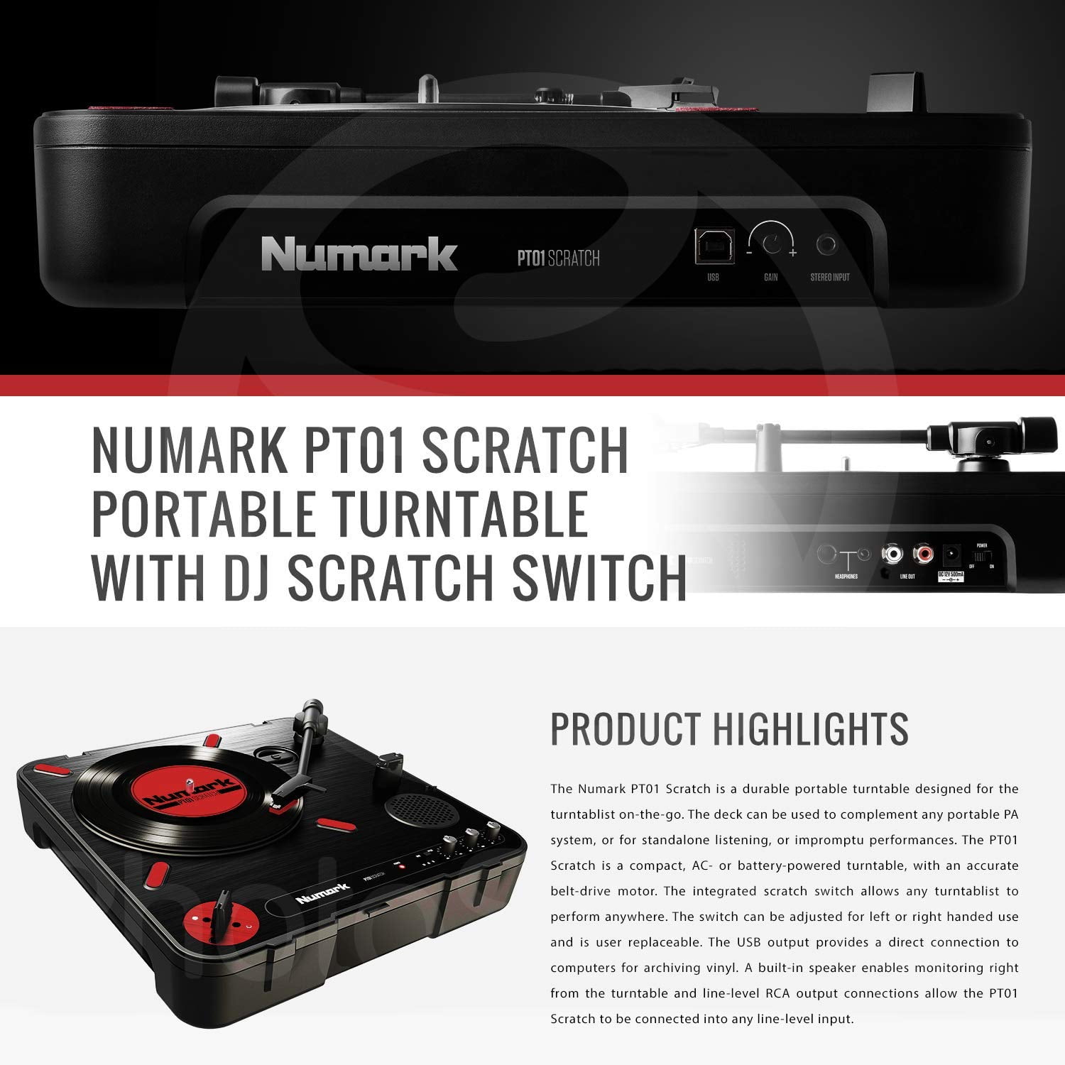 Numark Pt01 Pt-01 Usb Portable Rub Dish Small Vinyl Record Player 7-Inch  Scratch