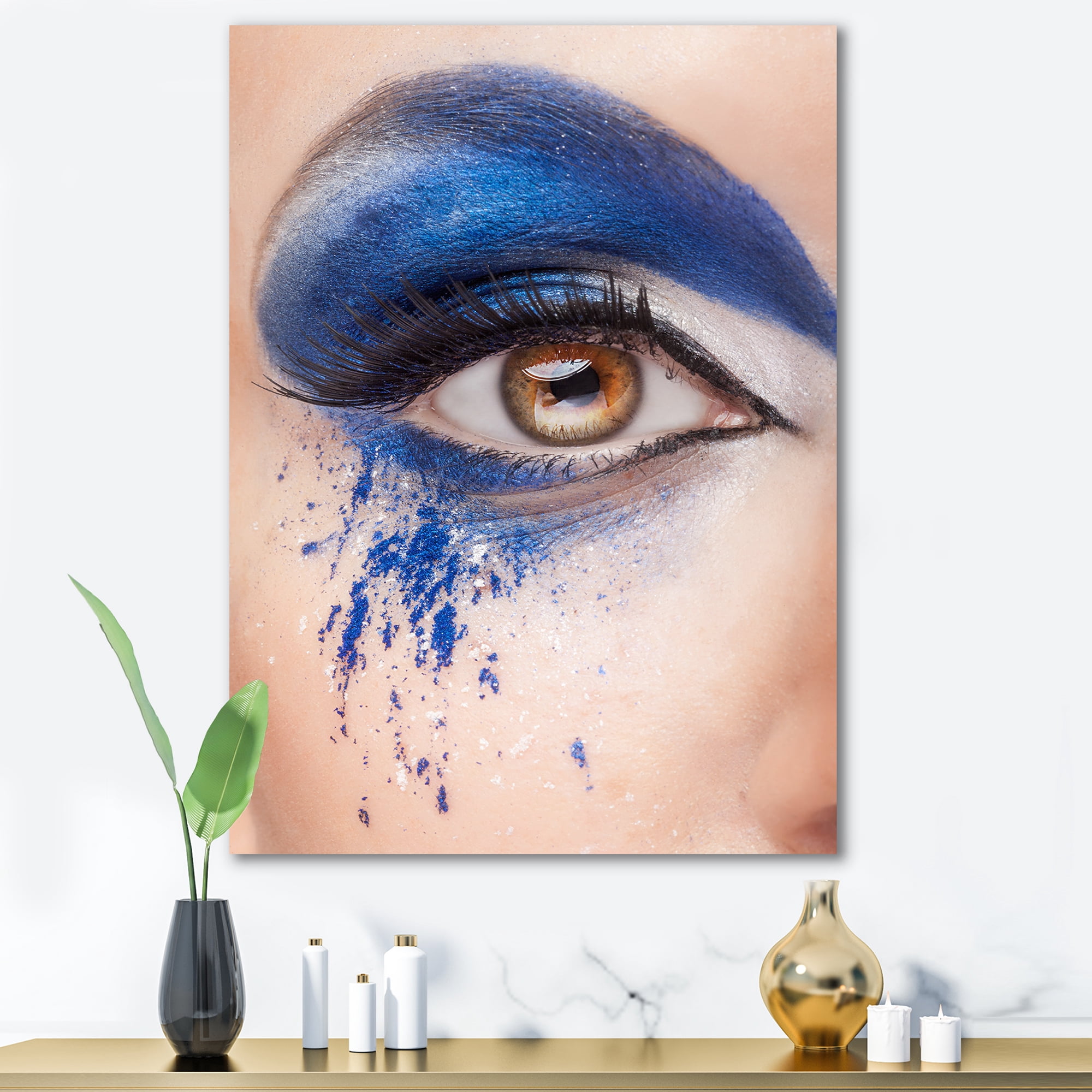 Designart ' Close Up Of Brown Eye With Blue Fantasy Make Up ' Modern Canvas Wall Art Print