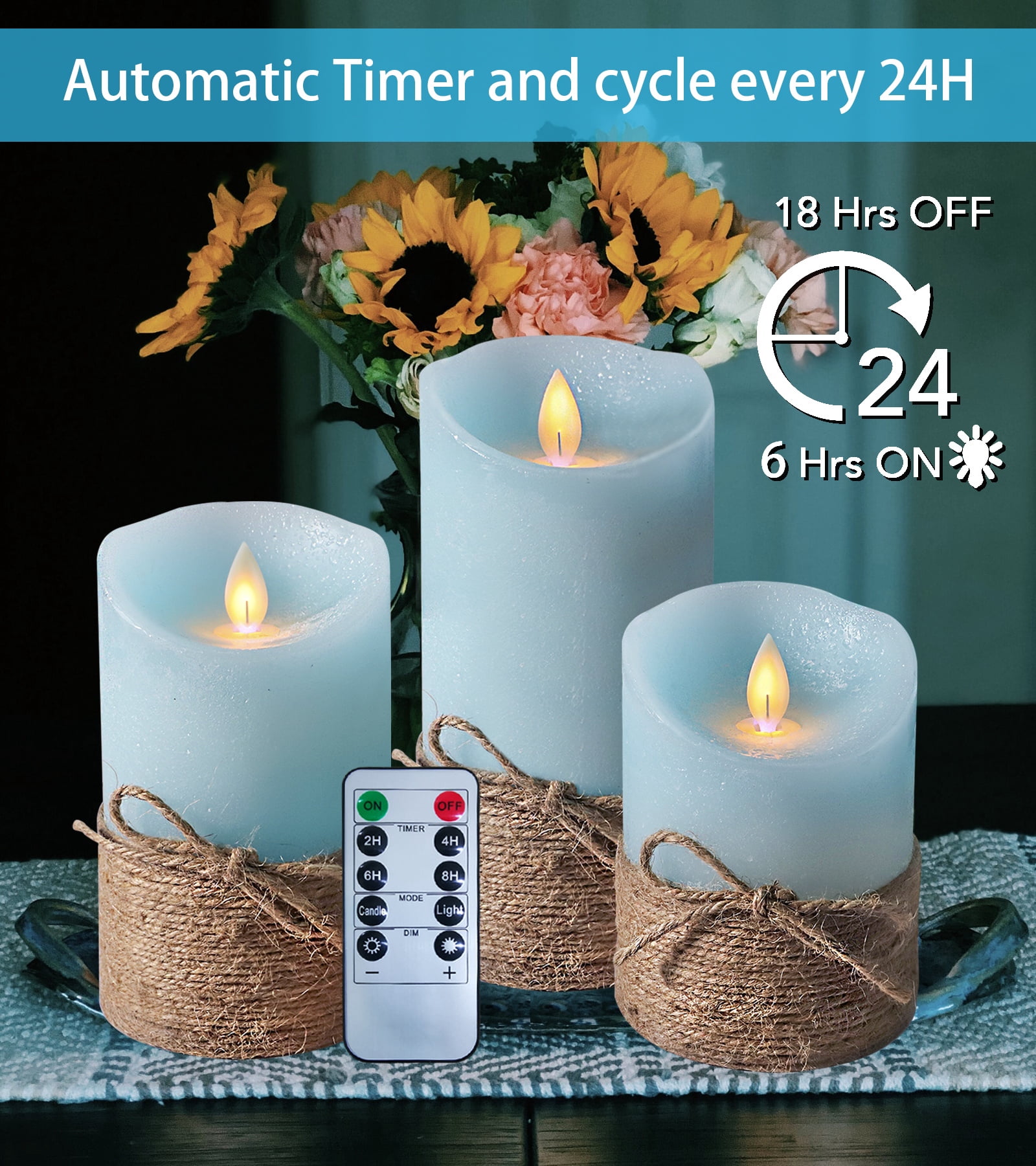 Meltone LED Flameless Candles Blue with Hemp Rope, 3PCS LED Pillar Candles Battery Operated with Remote
