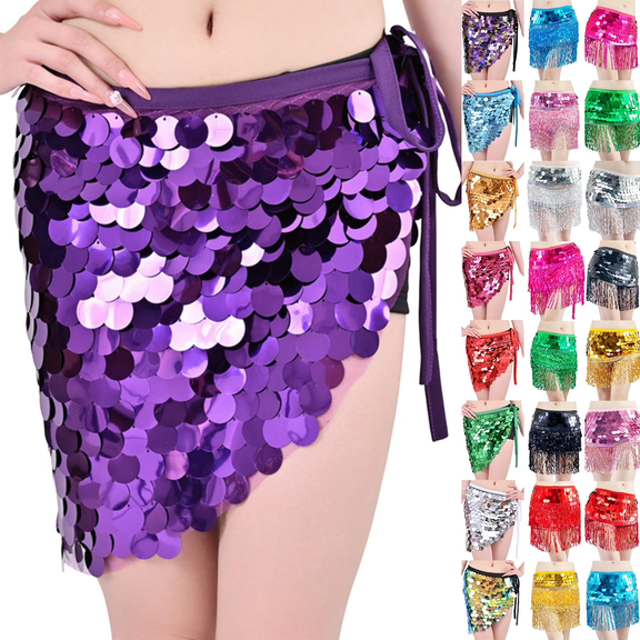 QATAINLAV Belly Dance Costumes for Women Sequins Tassel Hip Scarf Mini Skirt Fashion Party Club Outfits Hot Pink
