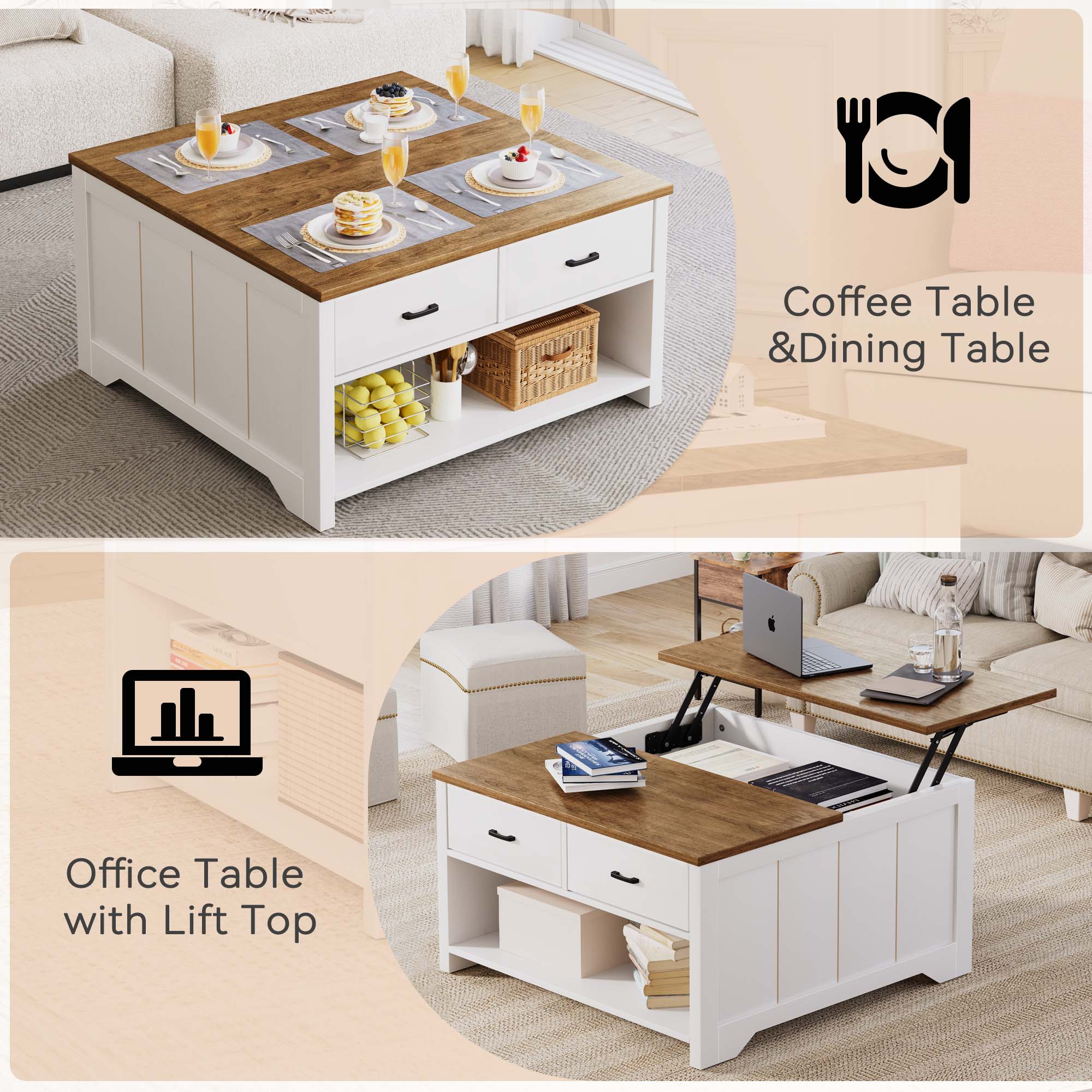 Vividwood Coffee Table Lift Top, Wood Tea Table with Big Open Storage, Square Coffee Table for Living Room, Farmhouse Coffe Tables Rustic Center Table with 2 Drawers, Brown White