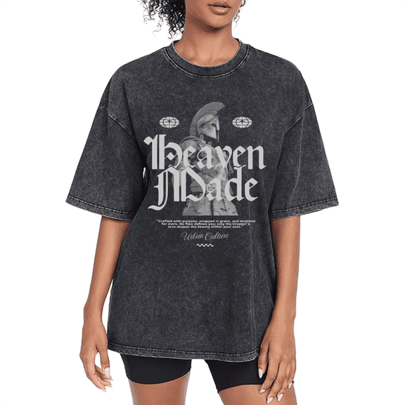Women's "Heaven Made" Themed Graphic Breathable Washed T-Shirt Casual Comfortable Black S-2XL Plus Size