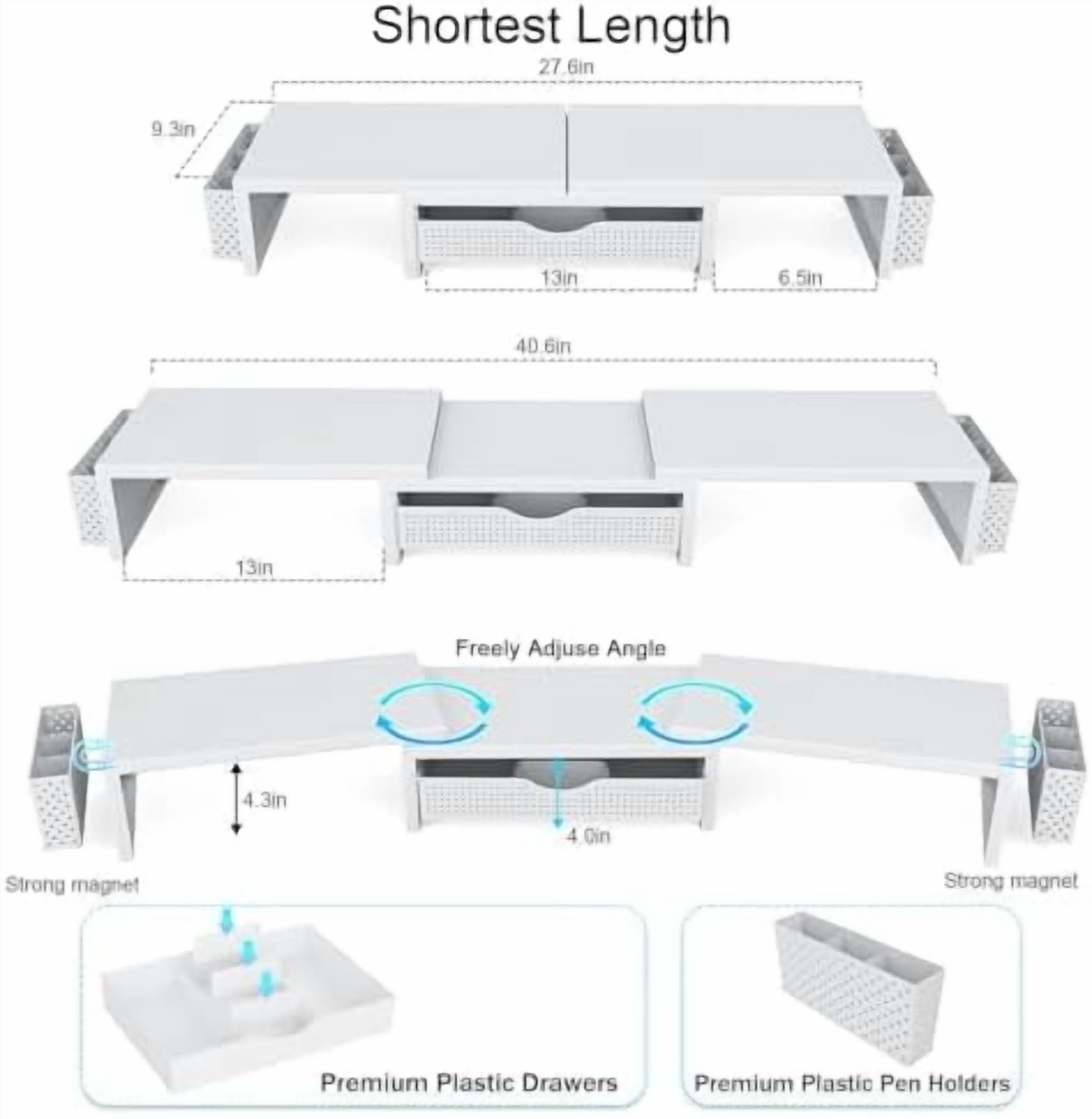 Dual Monitor Stand Riser, Desk Organizer With Drawer and 2 Pen Holders, Monitor Stand for Desk, Office Decor Essentials (White)