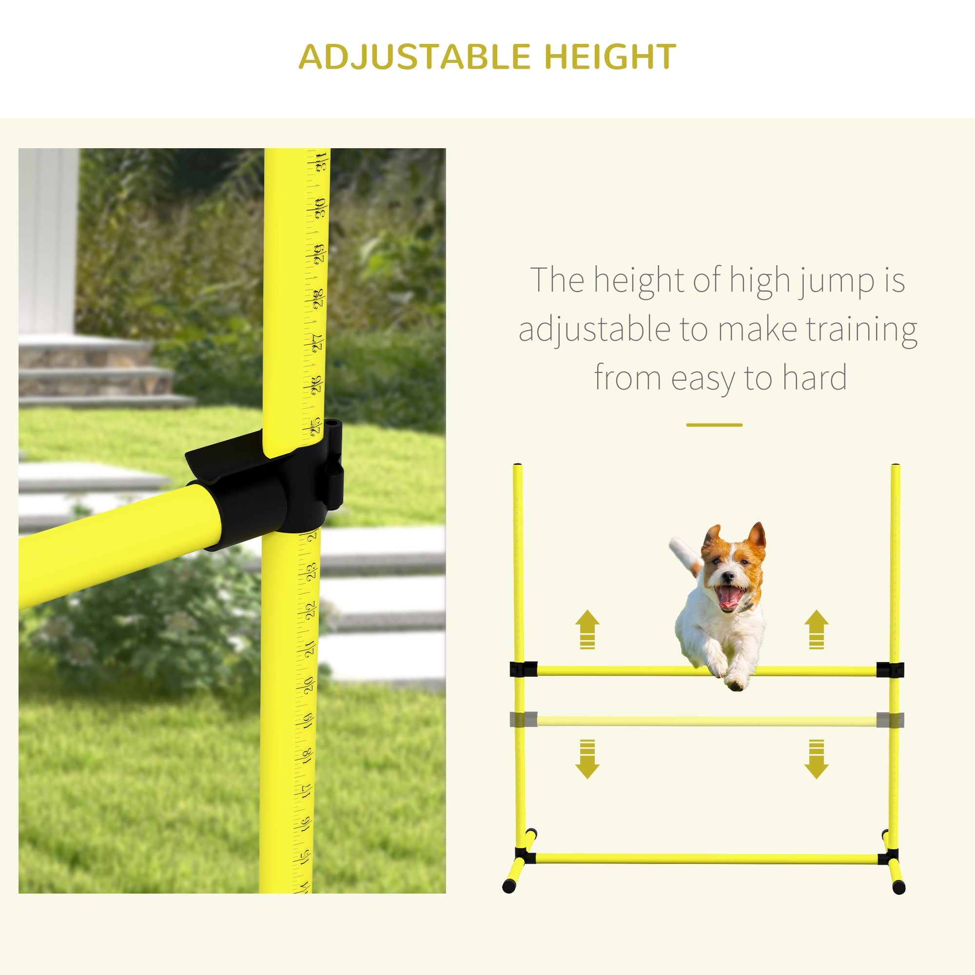 4 Piece Dog Agility Training Equipment for Dog Agility Course with Adjustable Height Jump Bars, Included Carry Bag, & Displacing Top Bar, Yellow