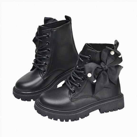 WXFAZCVU Girls Boots Bow Shaped Lace up Platform Leather Boots Versatile Daily School Wear Size 2