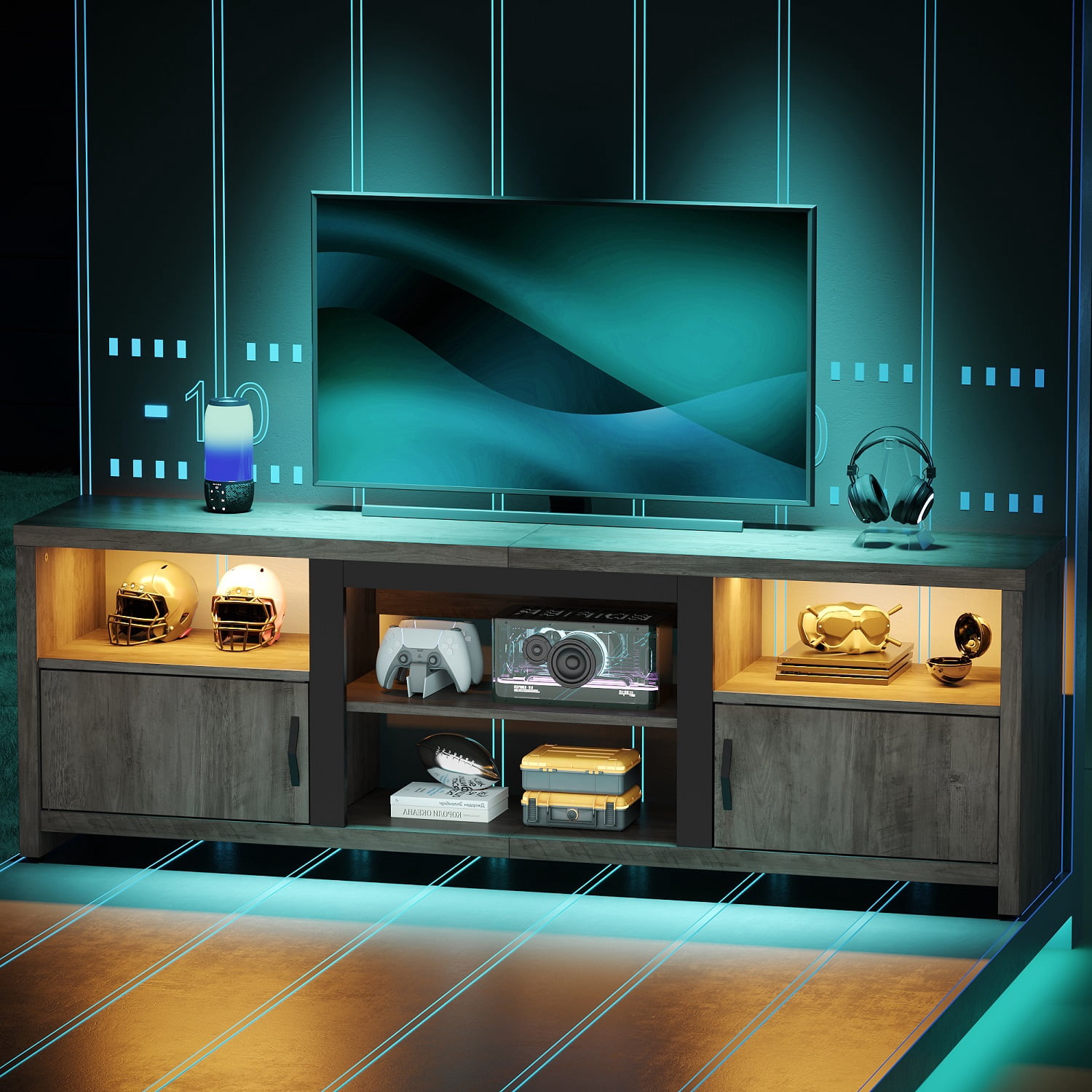 Bestier 70" Farmhouse TV Stand for TVs up to 80" with LED Lights, Entertainment Center with Cabinet & Open Shelves in Wash Grey