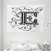 Letter E Tapestry, Capitalized E Alphabet Geometrical Design Lines Swirls Dark Color Spectrum, Wall Hanging for Bedroom Living Room Dorm Decor, 80W X 60L Inches, Black Grey White, by Ambesonne