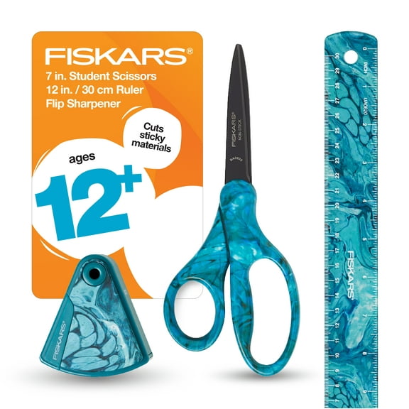 Fiskars Designer Student 3-Piece Set, Scissors, Ruler, Pencil Sharpener (Ages 12 )