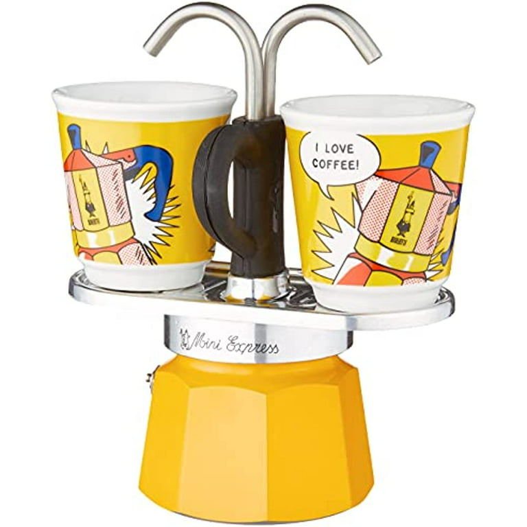 Bialetti - Mini Express Lichtenstein: Moka Set includes Coffee Maker 2-Cup  (2.8 Oz) + 2 shot glasses, Yellow, Aluminium