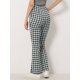 thumbnail image 4 of Pantalones anchos de pierna ancha elásticos de cintura alta a cuadros para mujer, pantalones acampanados largos y acampanados con bolsillos Negro L, 4 of 5