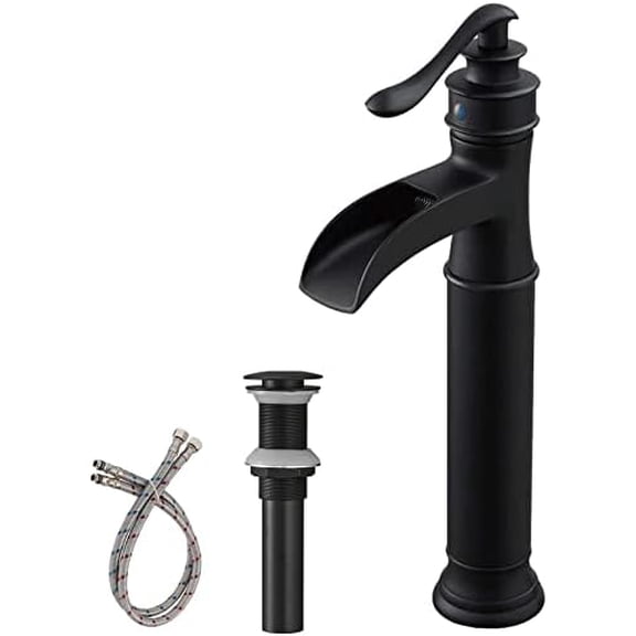 Vessel Sink Faucet Waterfall Matte Black with Pop Up Drain Without Overflow and Supply Lines, Black Sink Faucet Bathroom One Handle Faucets Vanity Bath Mixer Tap