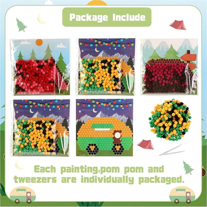CORNER LACE Camping Theme DIY Pom Pom Art Set for Kids Age 3-6 Years Old 3 Pieces - Fun Arts and Crafts, Sensory Activity Creativity Birthday Christmas Gift Includes 3 Patterns