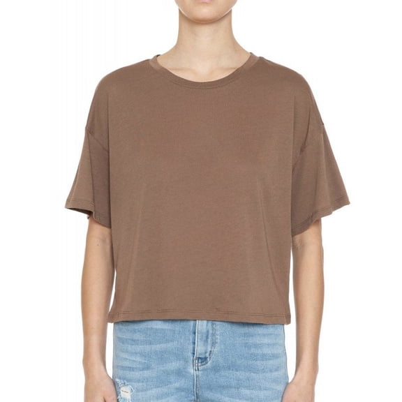 Round Neck Short Sleeve Oversized Crop Top Tee - Chestnut