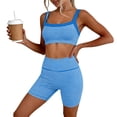 thumbnail image 4 of BODOAO Women's Workout Set 2 Piece Square Neck Striped Crop Tank Top High Waisted Biker Shorts Athletic Yoga Gym Fitness Outfit Stretchy Activewear Summer Training Clothes Blue L, 4 of 5