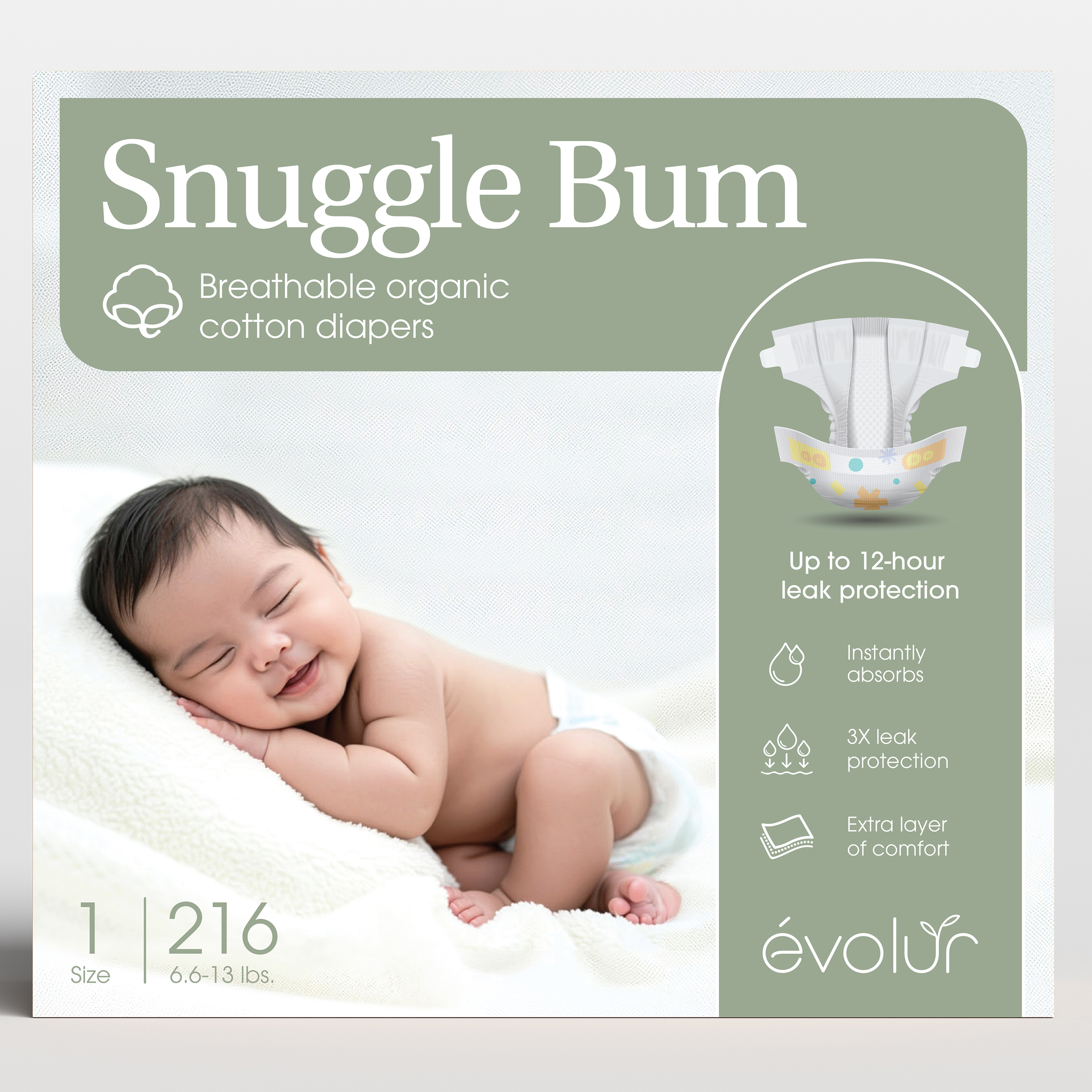 Evolur Snuggle Bum Baby Diapers - Size 1, 216 Count, for Newborns (6.6 lbs - 13 lbs), Ulta Absorbent Diapers Newborn Baby