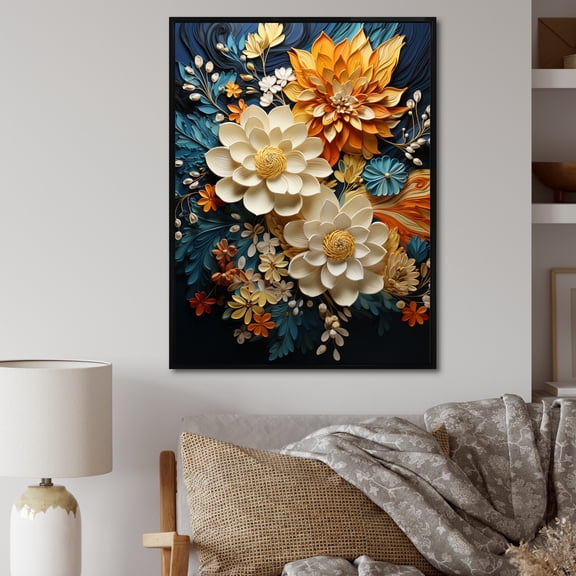 Designart "Orange Teal Botanical Whirlwind II" Abstract Botanicals - Ready to Hang Framed Canvas Art Print