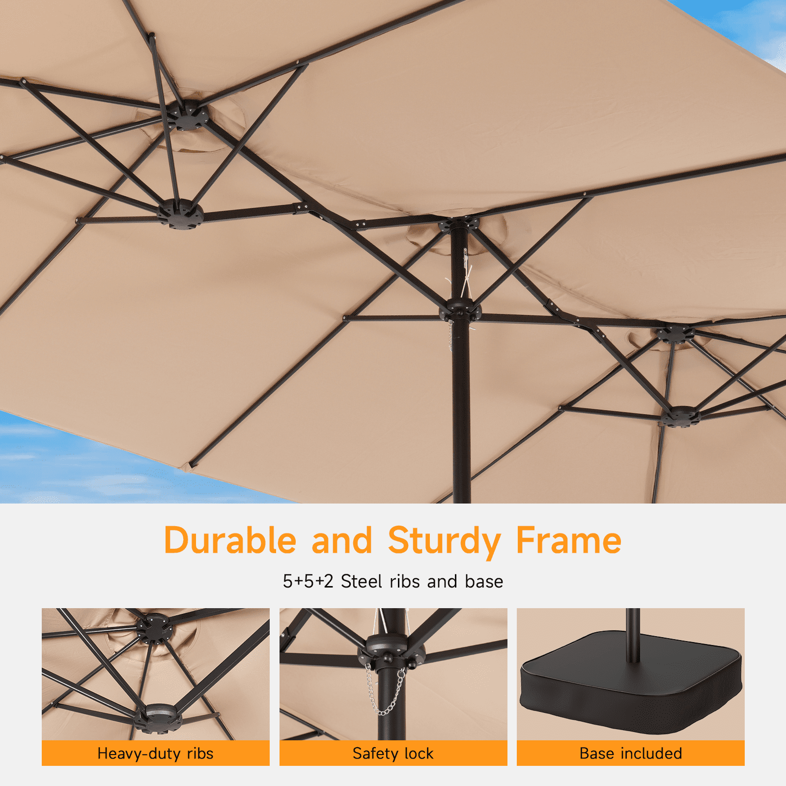 Dovov 15ft Outdoor Patio Umbrella with Base Included, Double Sided Extra Large Outdoor Market Umbrella Rectangular Table Umbrellas with Crank Handle for Outside Pool Lawn Garden, Beige