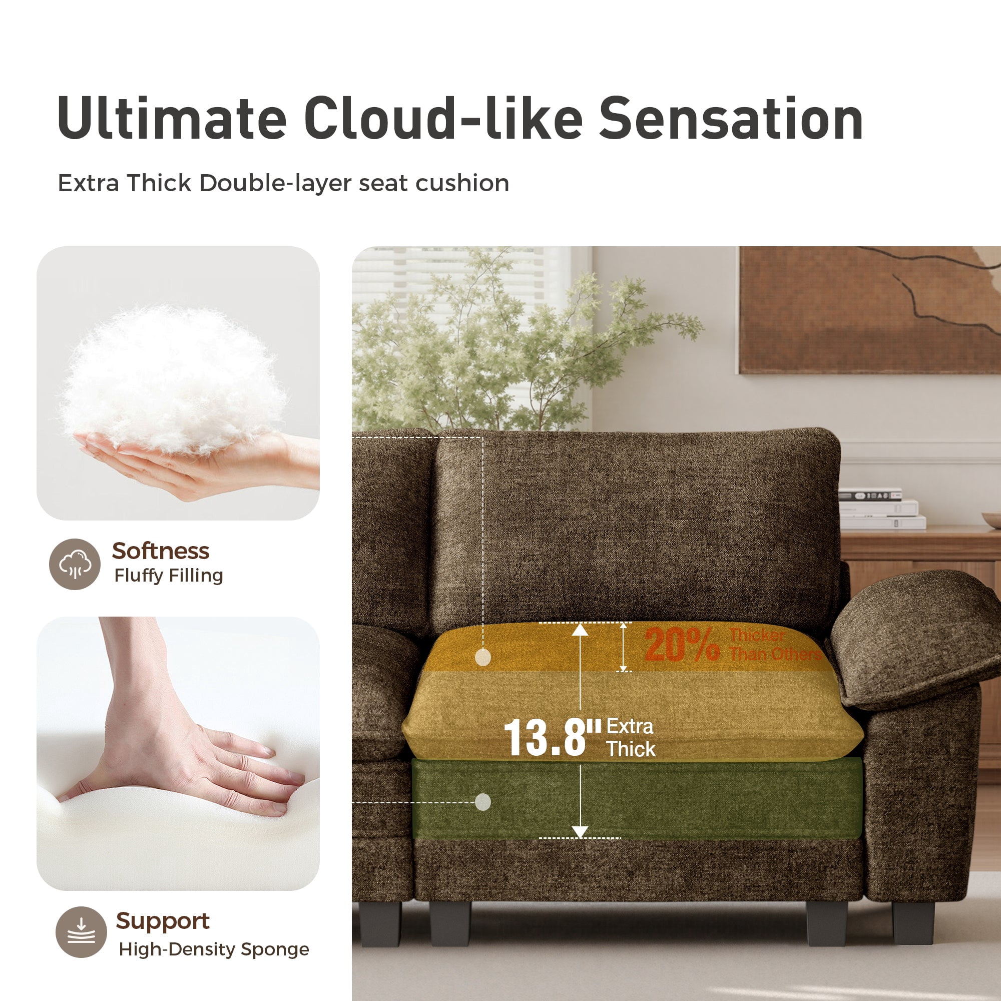 Sophia&William Sectional Sofa Sets, Oversized Cloud Couch Set 5-Seat Chenille Modular Sectional Sofa with 5 Pilliows & Deep Seat for Living Room, Taupe
