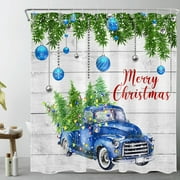 HVEST Farmhouse Christmas Shower Curtain for Bathroom,Christmas Tree on Retro Blue Truck Fabric Shower Curtain with Hooks, Blue Silver Christmas Ball Bathroom Curtains Shower Set, 72x78 inches