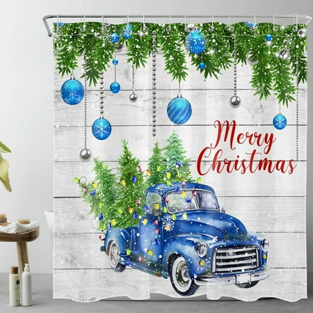 HVEST Farmhouse Christmas Shower Curtain for Bathroom,Christmas Tree on Retro Blue Truck Fabric Shower Curtain with Hooks, Blue Silver Christmas Ball Bathroom Curtains Shower Set, 72x78 inches