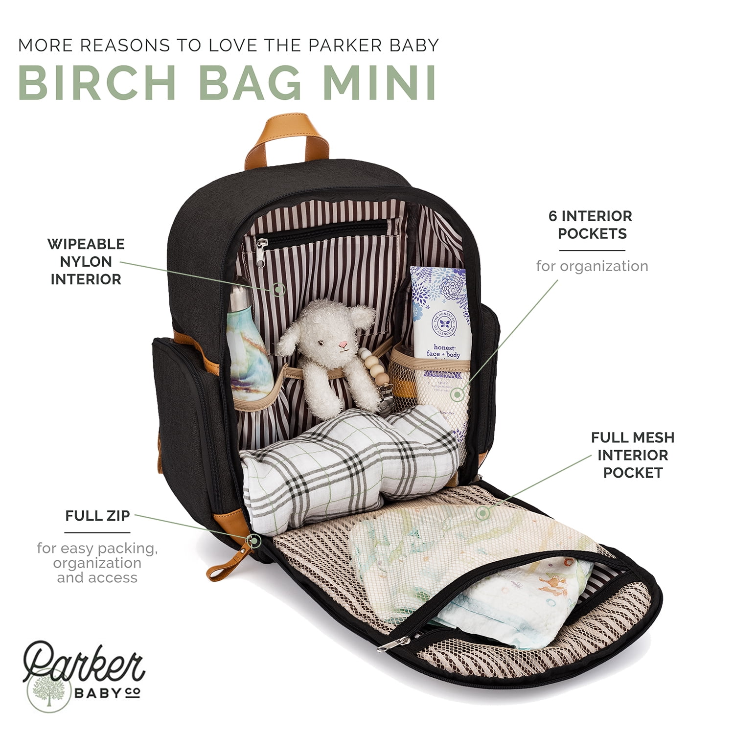 Parker Baby Co. Birch Bag Mini Diaper Backpack, Lightweight Baby Bag with Insulated Bottle Pockets, Compact & Organized - Black