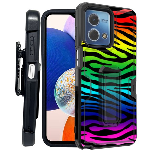 ANJ  Rugged Shockproof Kickstand Hybrid Case with Card Slot and Holster   Tempered Glass Cover for Motorola Moto G Stylus 5G (2023) - Rainbow Zebra