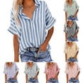 thumbnail image 6 of Lovskoo Womens Striped Short Sleeve Camp Collar Linen Look Shirt Button Down Casual Top Half Placket Design Resort Wear, 6 of 6