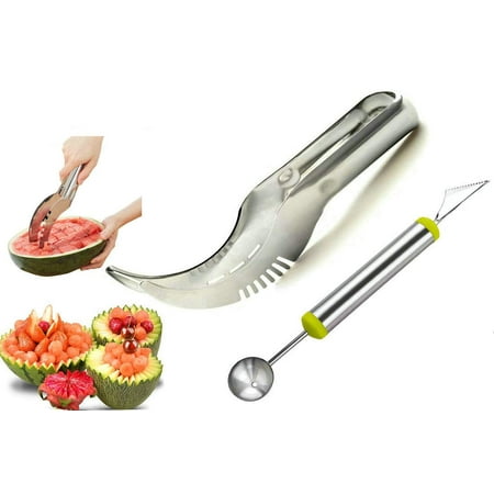 Watermelon Slicer Set Stainless Fruit Carving Kitchen Utensil Kit - Includes Watermelon Slicing Tool & Fruit Carving Knife/Spoon - Great For Salads, Desserts - With Unique Box (Best Spoon Carving Knife)