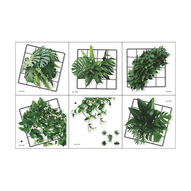 jifeng 3D Vivid Green Plants Grid Wall Decal Green Leaves Wall Sticker Home Decor 6pcs