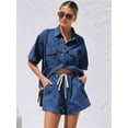 thumbnail image 4 of Women'S Denim 2 Piece Outfits Short Sleeve Button Down Shirt Drawstring Shorts Set Casual Jean Outfits Dark Blue S, 4 of 7